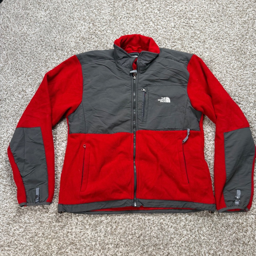 The North Face Denali Jacket Men's Medium Red Grey Full Zip Fleece Overlay